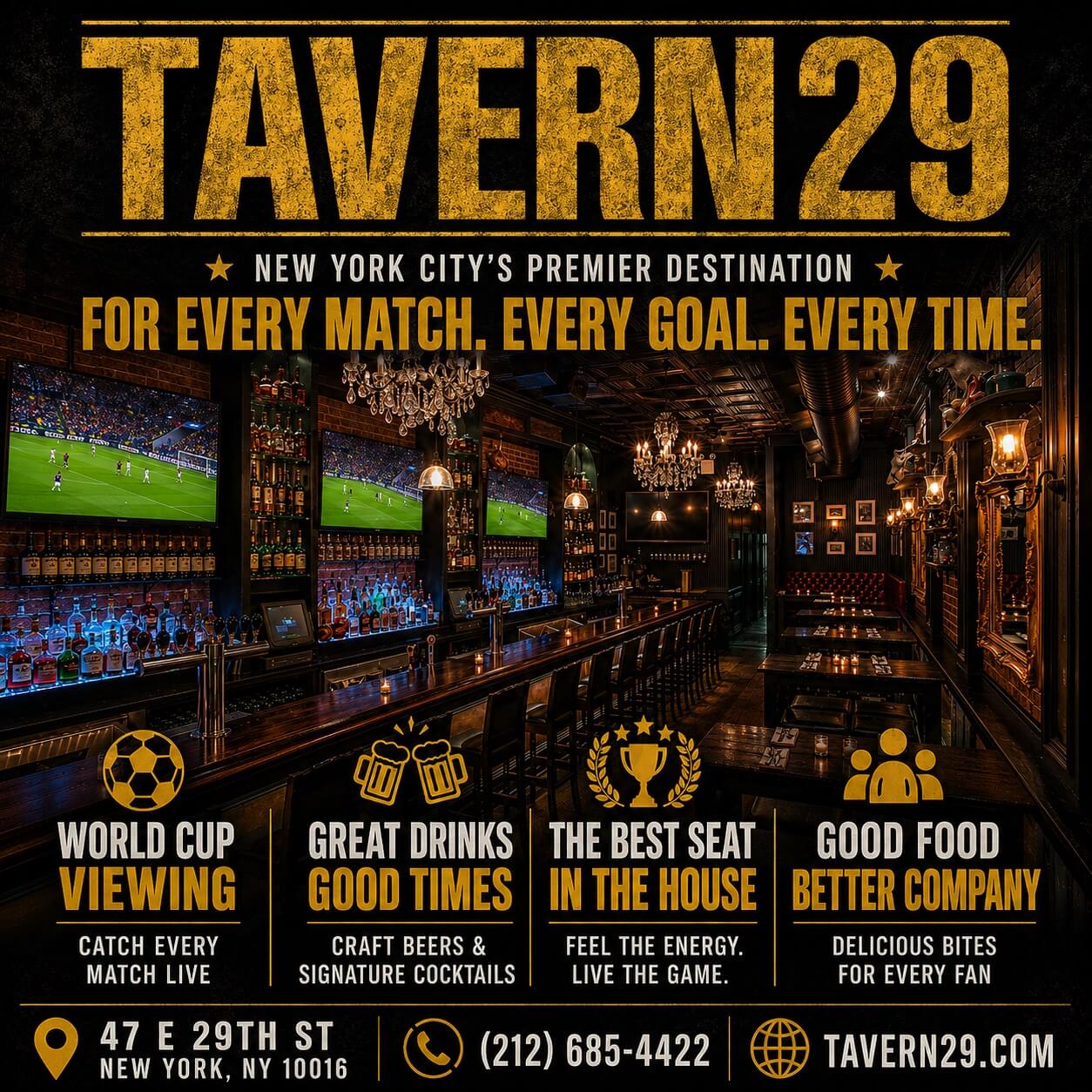 World Cup viewing at Tavern29 NYC sports bar with big-screen TVs, craft drinks, and game-day atmosphere in Midtown Manhattan